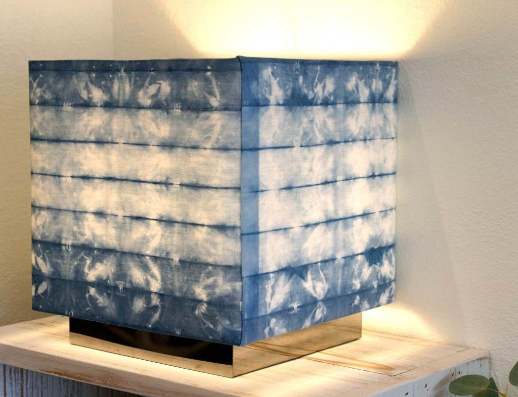  Refurbished Cube Lamp, Indigo-dyed Cotton using Shibori techniques from amacata.com